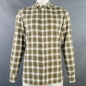 BOGLIOLI Size L Cream Olive Plaid Cotton Twill Spread Collar Long Sleeve Shirt
